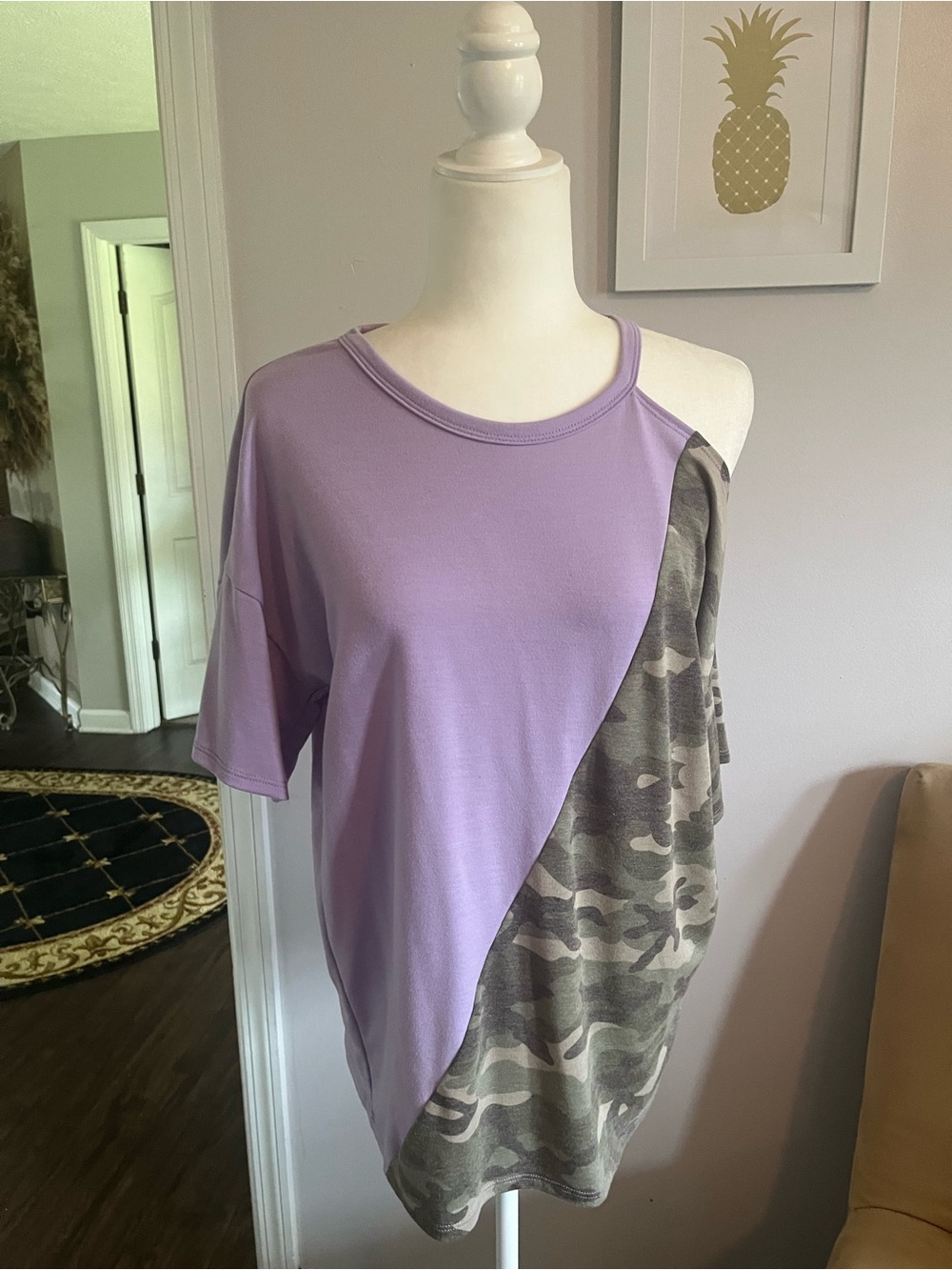 Asymmetric Lilac & Camouflage One-Shoulder Short Sleeve Tee